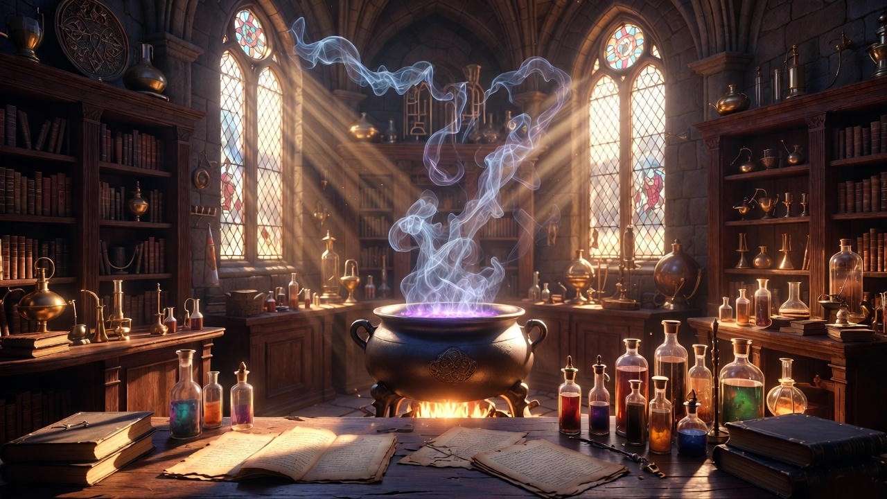 Ancient alchemy cauldron in Hogwarts-style laboratory, Harry Potter potion history illustration.