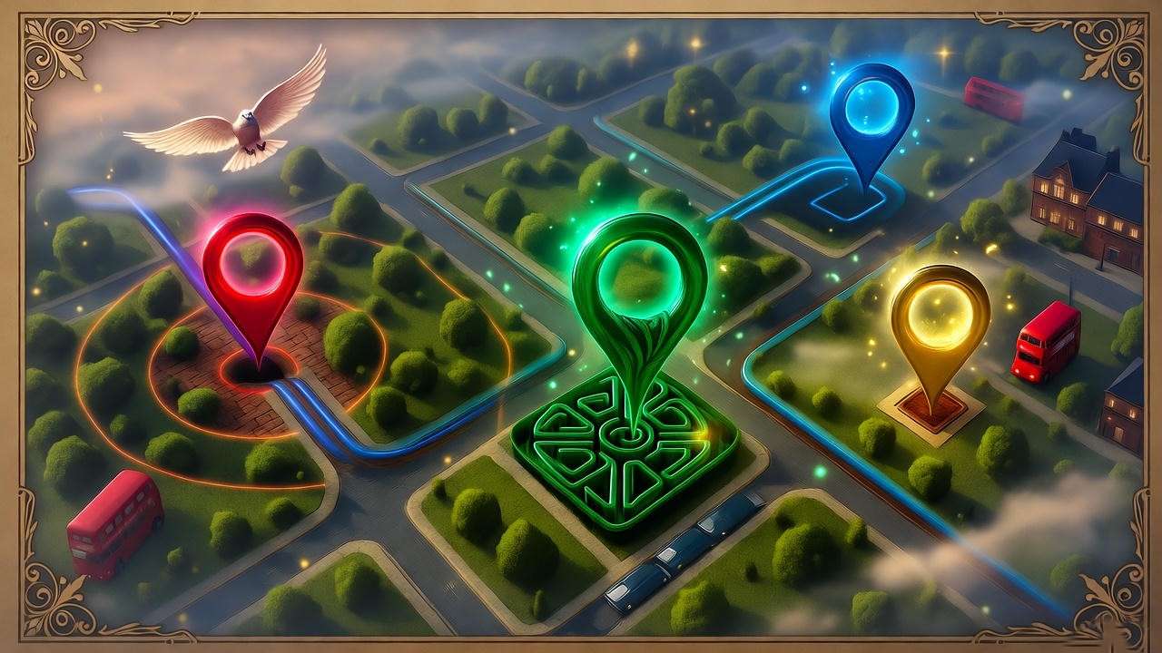 Interactive fantasy map of Bloomsbury Harry Potter sites for JK Rowling London walking tour.