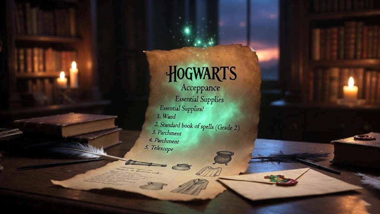 Hogwarts acceptance letter with first-year supply list illustration for Harry Potter fans.