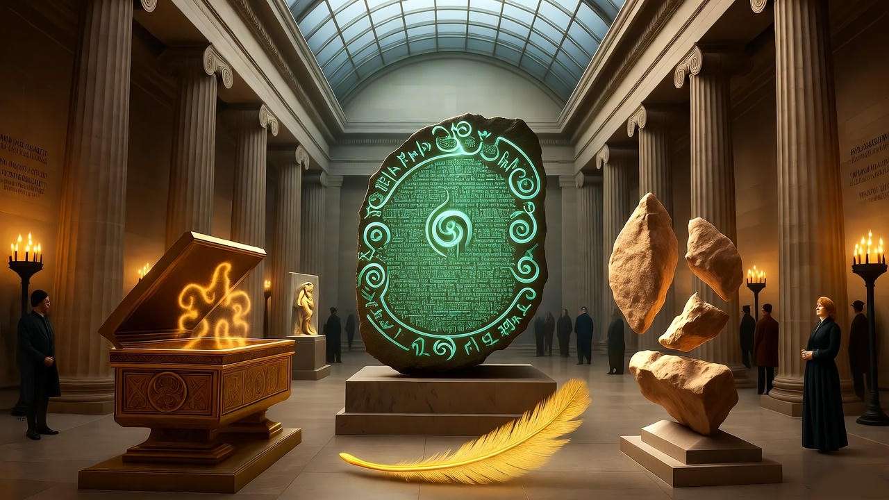 Enchanted artifacts in British Museum illustration for Harry Potter London inspiration tour.