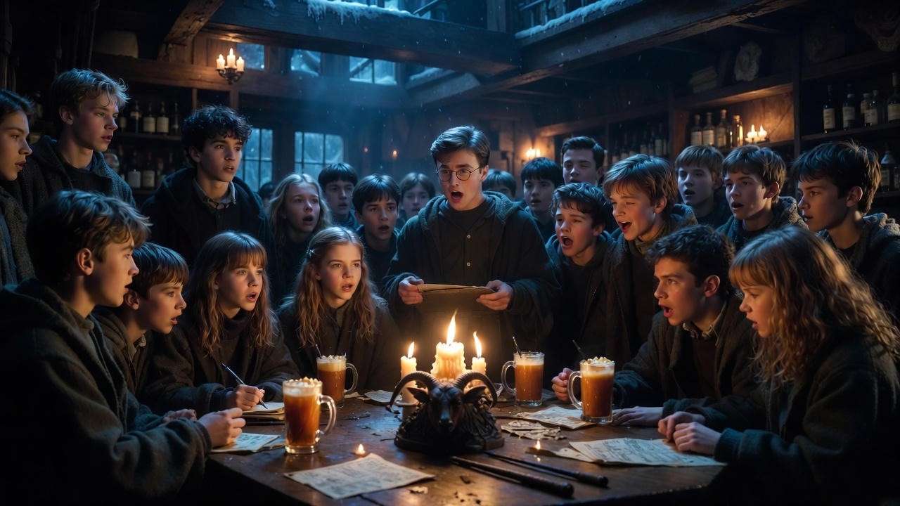 Secret Hog's Head Inn meeting forming Dumbledore's Army in Harry Potter, students plotting rebellion against Umbridge's decrees.