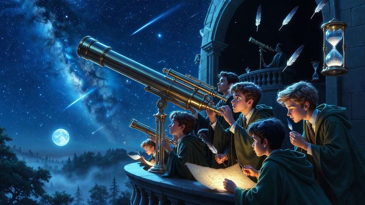 Hogwarts students charting stars through telescopes in Astronomy Tower midnight class illustration for Harry Potter curriculum guide.