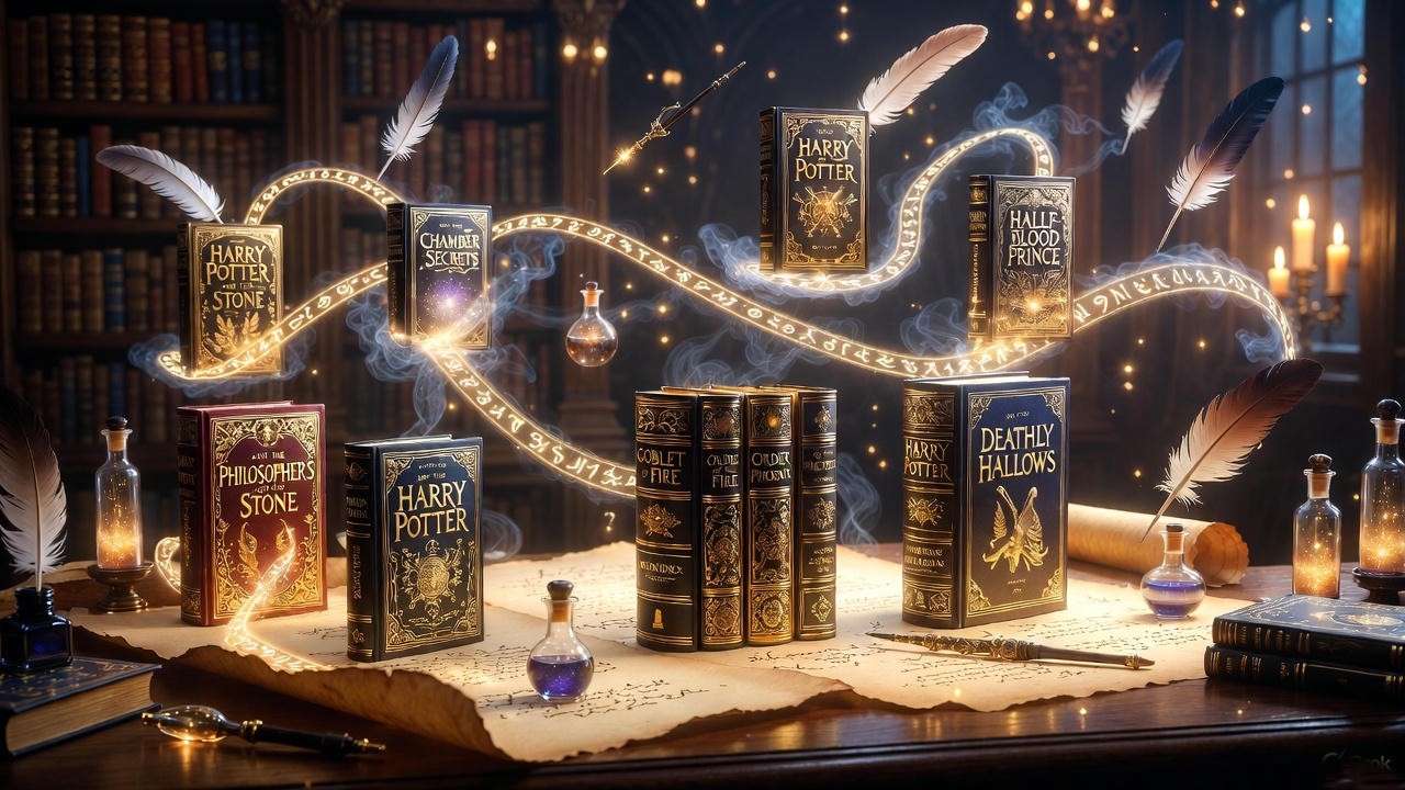 Harry Potter deluxe edition history timeline illustration showing evolution from 1999 Philosopher's Stone to 2007 Deathly Hallows rarities.