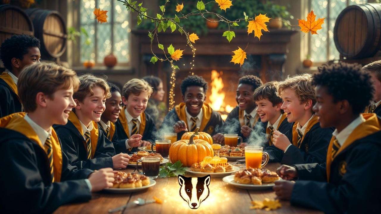 Hufflepuff house communal gathering in Harry Potter evoking loyalty and community
