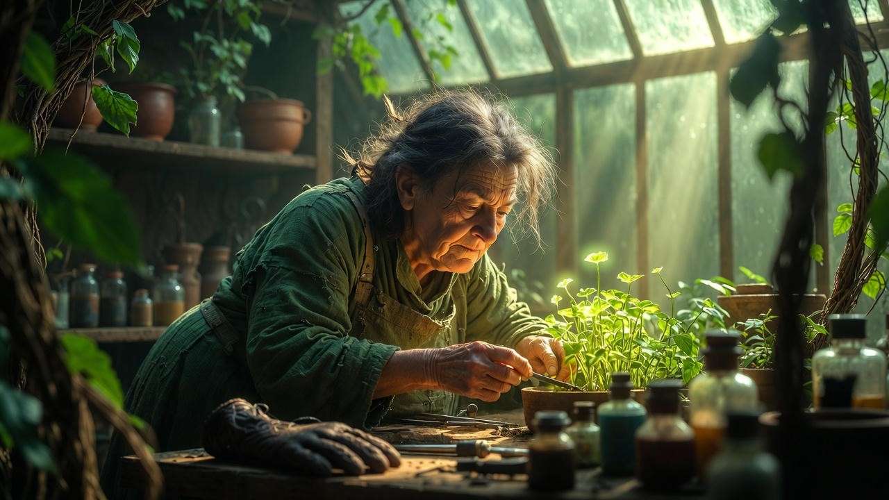 Professor Sprout pruning magical plants in Hogwarts greenhouse Harry Potter Herbology scene.

