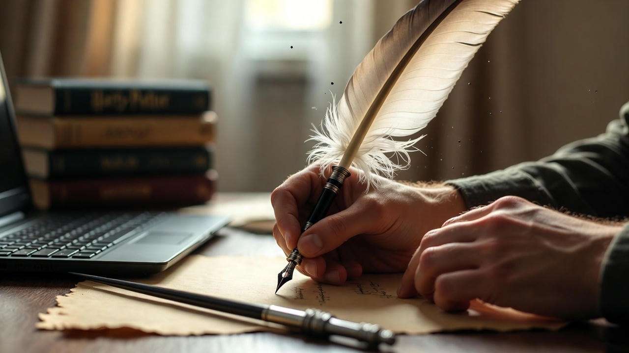 Student writing scholarship essay with quill and wand, blending magic and modern college applications 