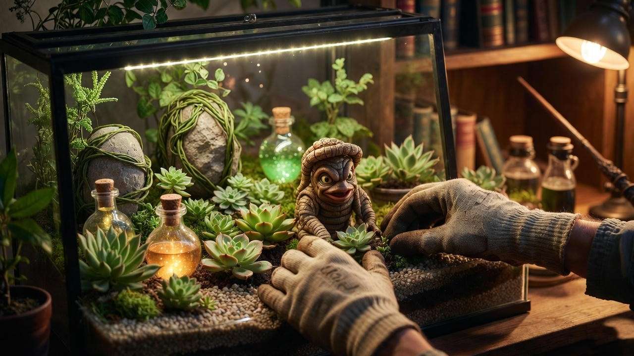 DIY Harry Potter inspired terrarium with magical plant equivalents for home Herbology gardening.