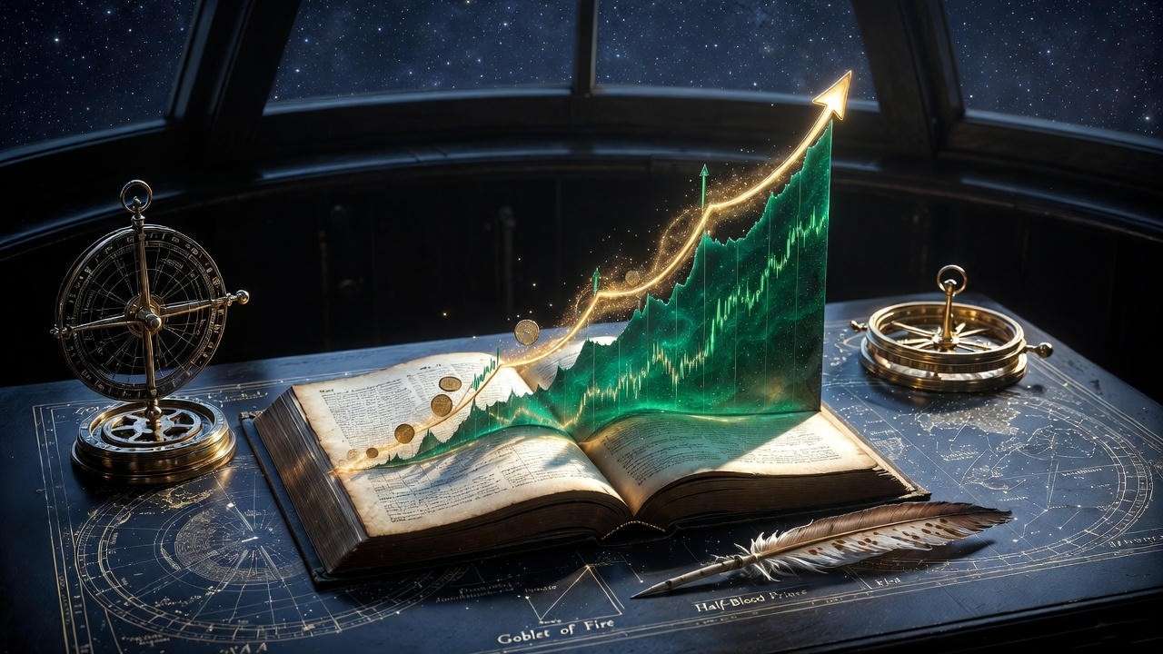 Harry Potter deluxe edition 2025 pricing trends graph illustrated as magical ledger, showing value surges for Philosopher's Stone and other titles.
