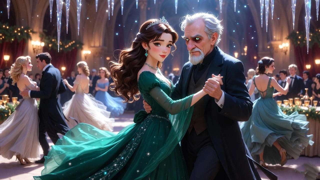 Professor Sinistra dancing awkwardly with Mad-Eye Moody at Yule Ball scene from Harry Potter Goblet of Fire for astronomy teacher appearances.