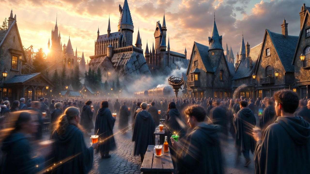 Itinerary scene of pairing drinks at Harry Potter World with rides like Forbidden Journey and Hogwarts Express. 