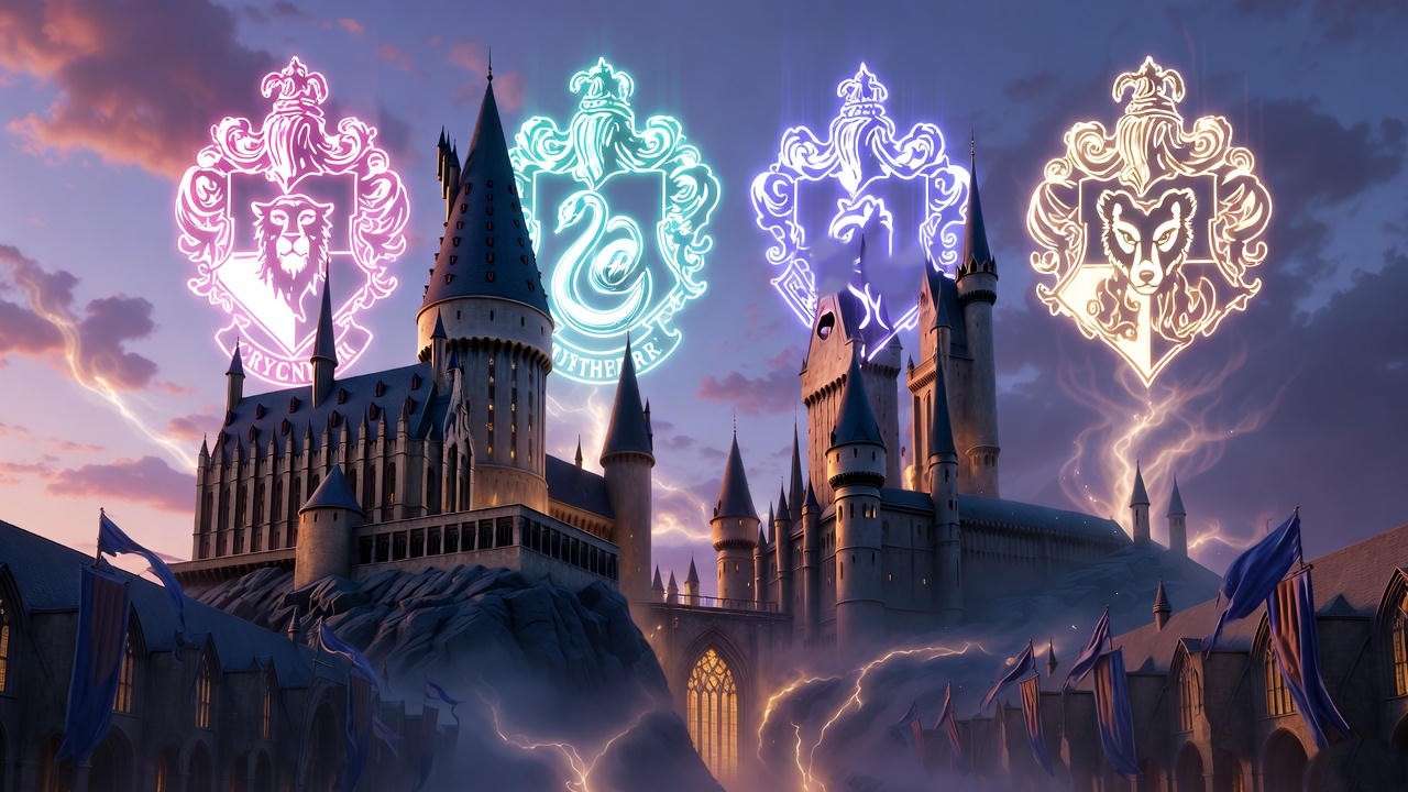 Illuminated Hogwarts house crests floating above the castle at twilight for Harry Potter trivia.
