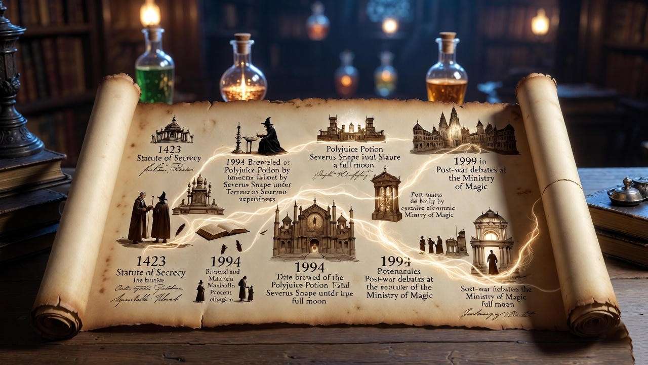 Timeline of Veritaserum history in Harry Potter: from ancient regulations to modern wizarding law.

