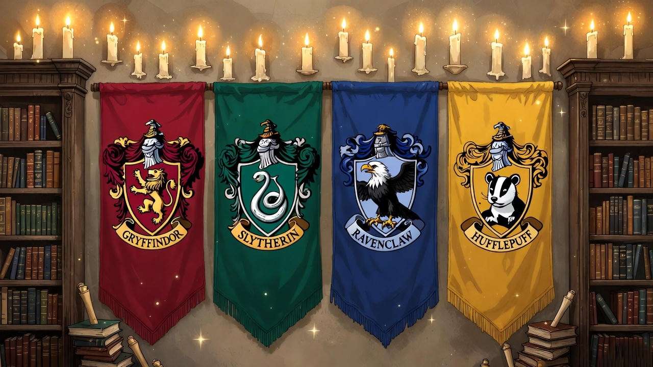 Hogwarts house banners in a magical classroom setting for Harry Potter theme ideas
