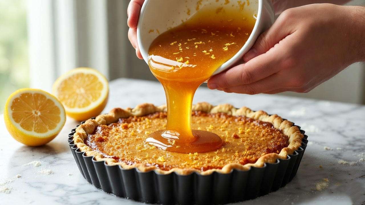 Step-by-step hands pouring golden syrup filling into pastry for easy Harry Potter treacle tart recipe.
