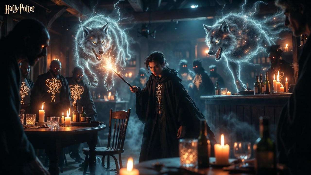 Fan fiction scene of ash tree wand in Harry Potter tavern duel, revealing spells and wolf guardians in Hog's Head pub atmosphere.