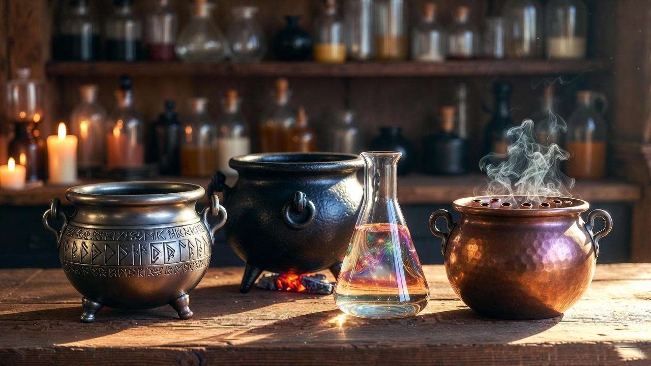 Variety of Harry Potter-inspired cauldrons: pewter, cast iron, glass, and copper types for potion brewing.