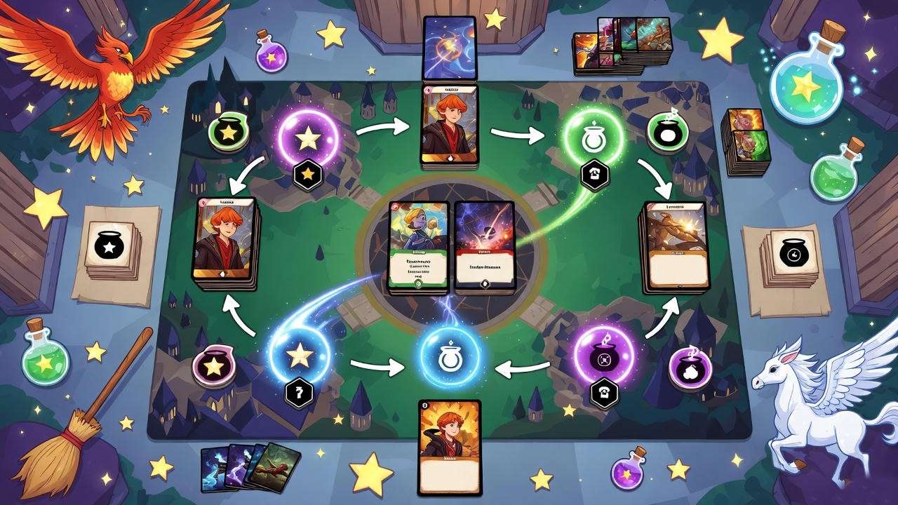 Step-by-step infographic of Harry Potter TCG core rules and turn mechanics