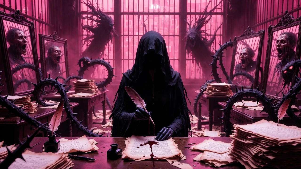 Dystopian surveillance in Harry Potter Ministry scene with Umbridge and Dementors.