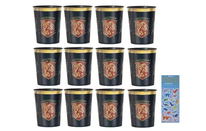 Amscan Harry Potter Hogwarts United Birthday Party Supplies Bundle includes 12 Plastic Reusable Cups 16oz and 1 Dinosaur Sticker Sheet