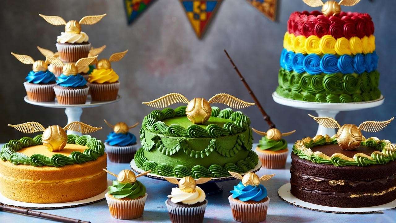 Variations of Harry Potter Quidditch cake including vegan, gluten-free, and themed cupcakes