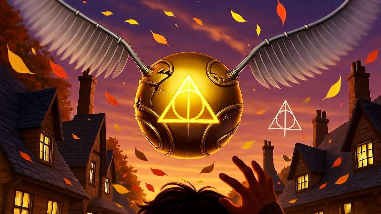 Golden Snitch revealing Peverell coat of arms in Godric's Hollow, Harry Potter foreshadowing scene.