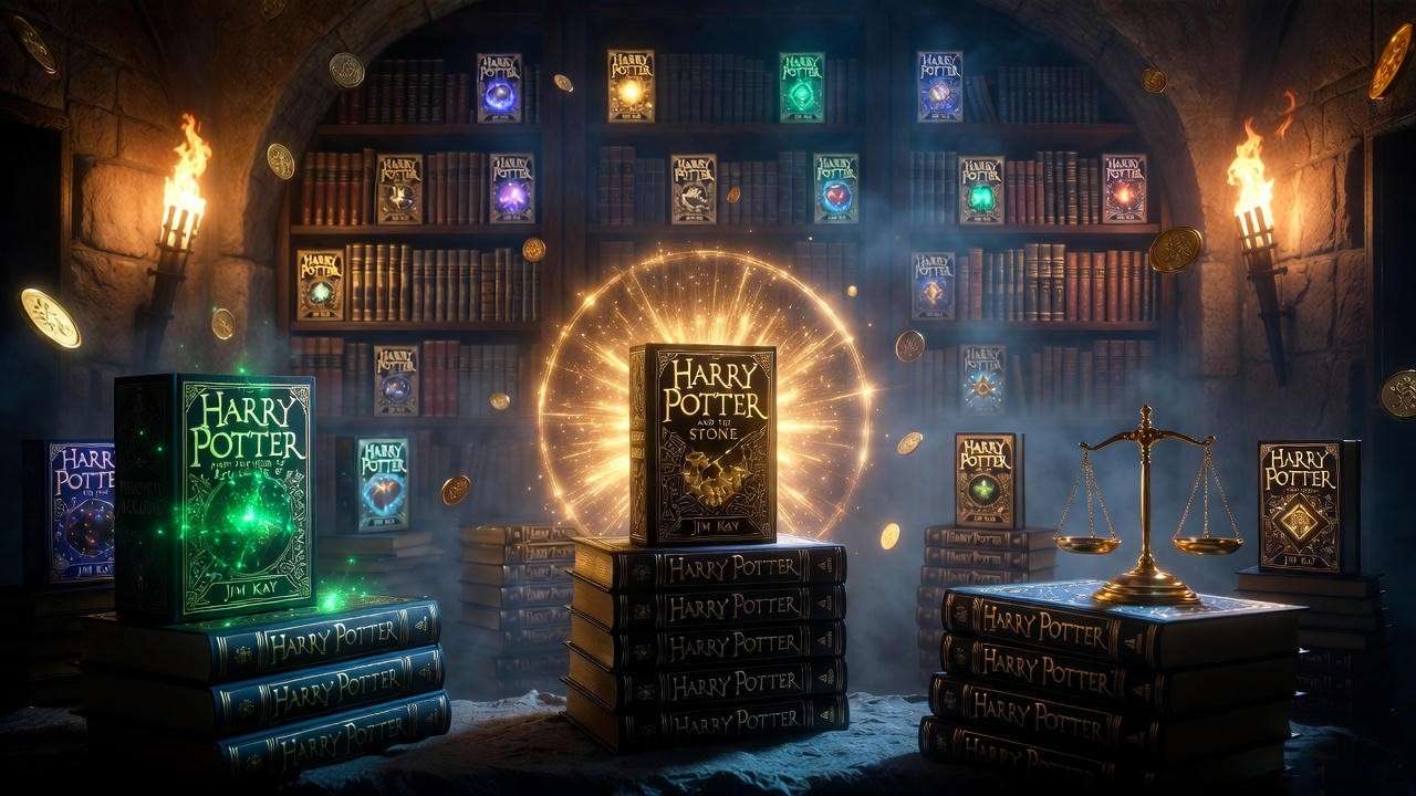 Visualization of rare Harry Potter deluxe edition print runs and scarcity, featuring low-run treasures like Prisoner of Azkaban in a wizarding vault.