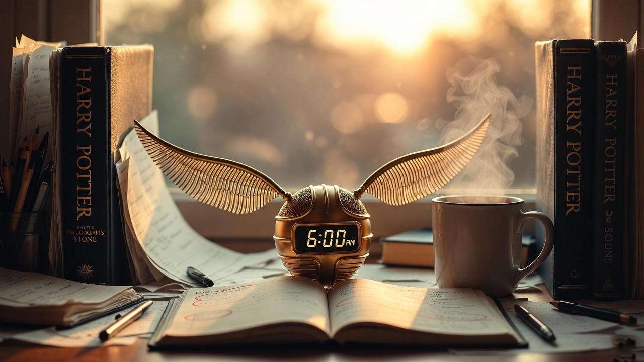 Morning study desk with golden Snitch alarm clock and scholarship planner for Harry Potter fans