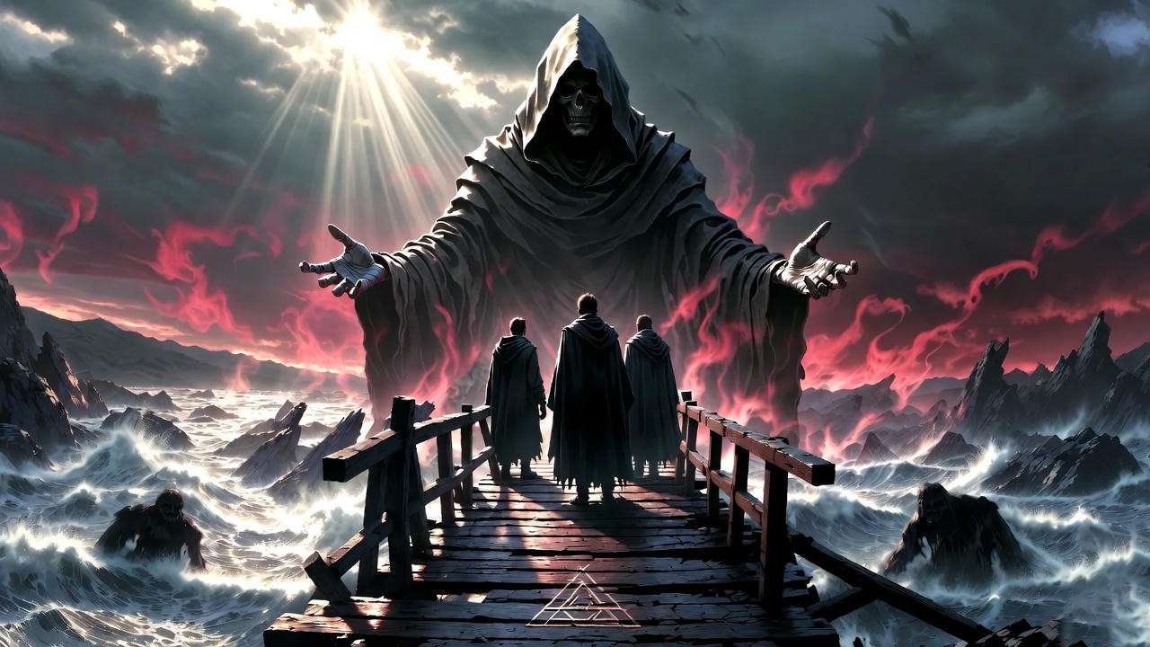 Dramatic retelling scene of the three brothers meeting Death on the bridge in Harry Potter's Tale of the Three Brothers story.
