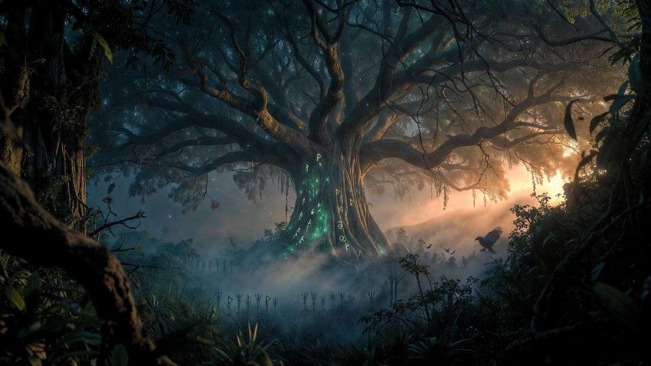 Ancient ash tree as Yggdrasil in Harry Potter mythology, glowing with Celtic runes in a misty grove, symbolizing wand lore resilience.