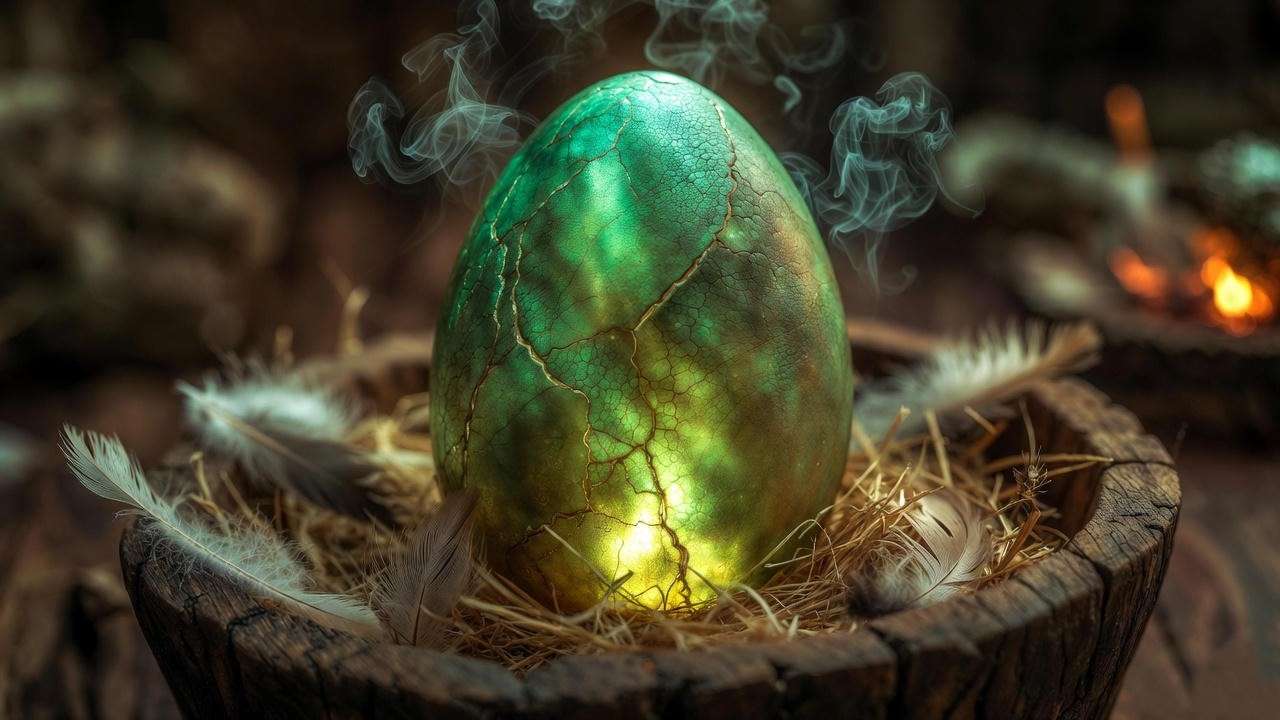 Detailed view of the Norwegian Ridgeback green dragon egg from Harry Potter, highlighting its magical iridescent shell and hatching hints.
