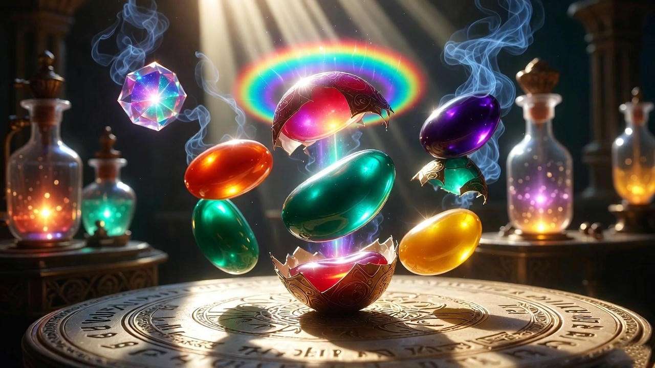Magical process of Bertie Bott's Every Flavor Beans creation, showing flavor auras and alchemy in Harry Potter-inspired art.