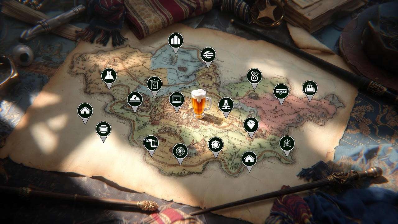 Themed itinerary map featuring Butterbeer stops in Orlando across Universal's Harry Potter lands.