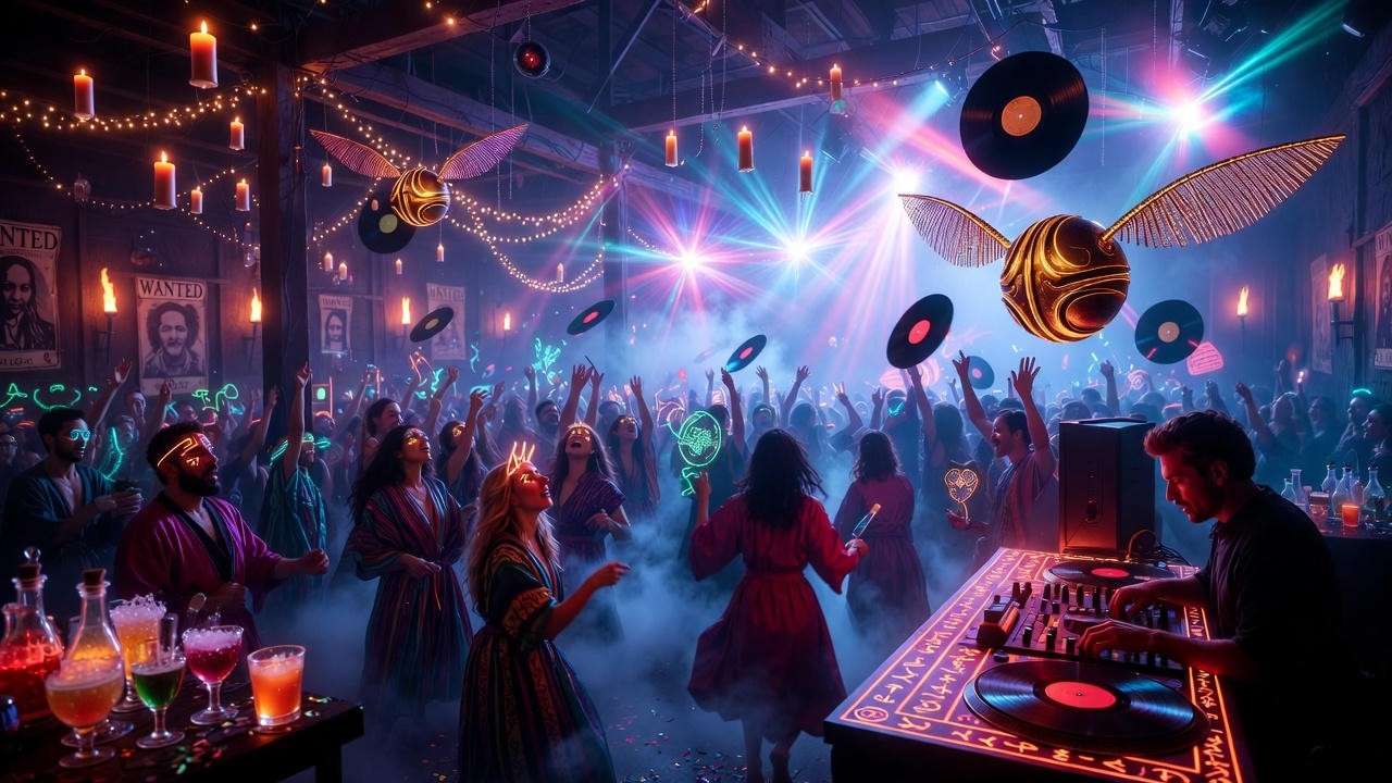 Harry Potter themed rave event in New Orleans with dancing wizards and glowing spell light show.