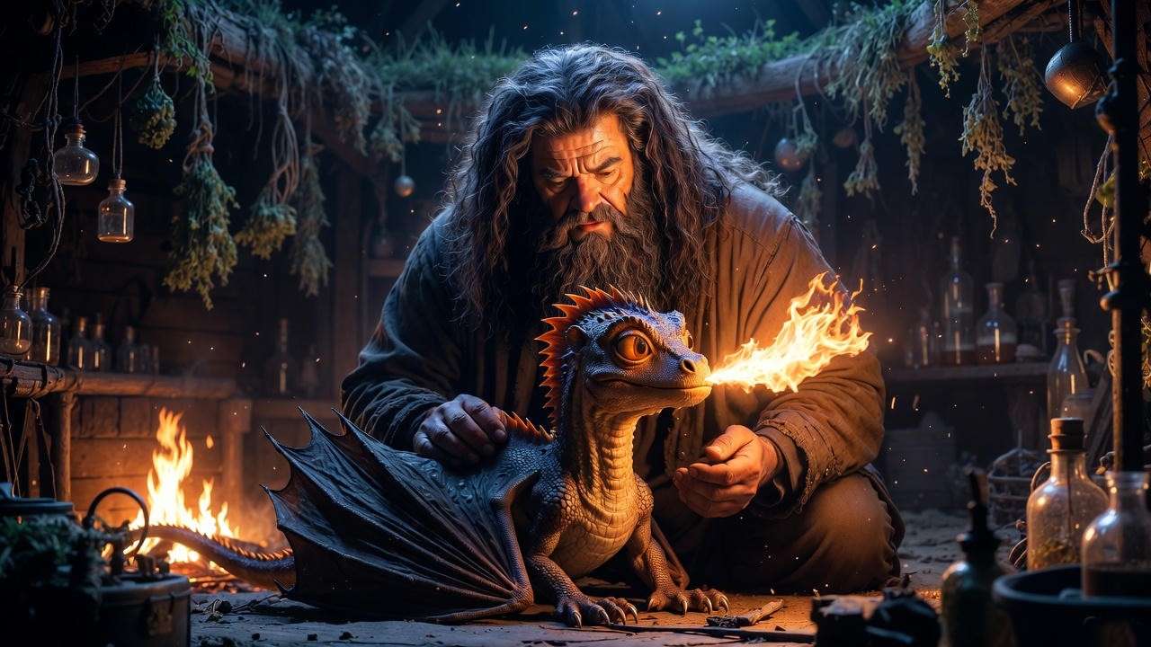 Hagrid witnessing the intense hatching of Norbert the Norwegian Ridgeback from the green dragon egg in Harry Potter hut scene.
