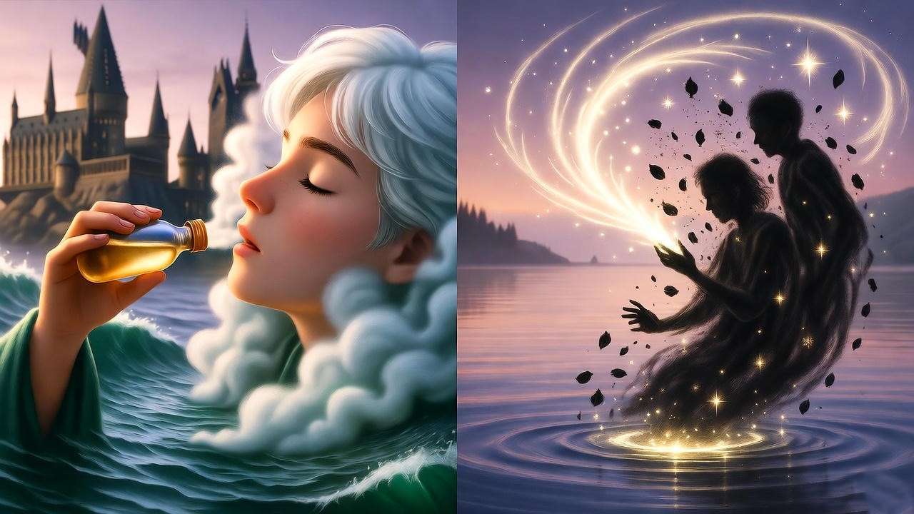 Artistic depiction of Harry Potter Draught of Peace effects: wizard inhaling mist transforming anxiety into serene euphoria by Hogwarts lake.
