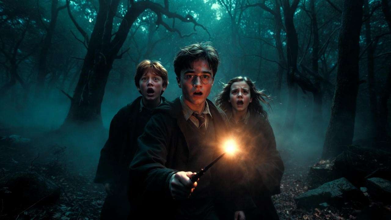 Harry, Ron and Hermione filming in the Forbidden Forest for Harry Potter Fathom HBO series