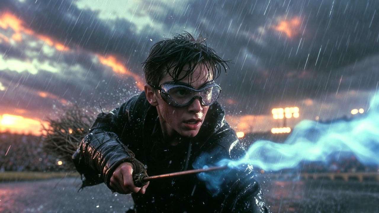 Iconic Harry Potter Quidditch scene with Impervius Charm waterproofing gear.