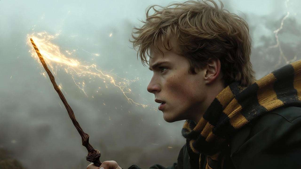 Cedric Diggory wielding ash tree wand in Harry Potter Triwizard maze, golden aura and lightning-split tree highlighting heroic legacy.