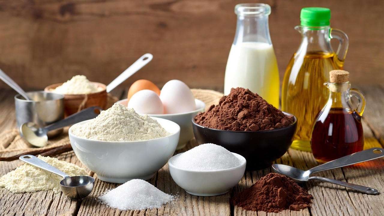 Ingredients for Quidditch cake recipe including flour, cocoa, eggs, and more on wooden table