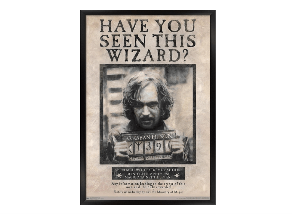 Trends International The Wizarding World: Harry Potter - Sirius Black Wanted Poster Wall Poster, 14.725" x 22.375", Black Framed Version