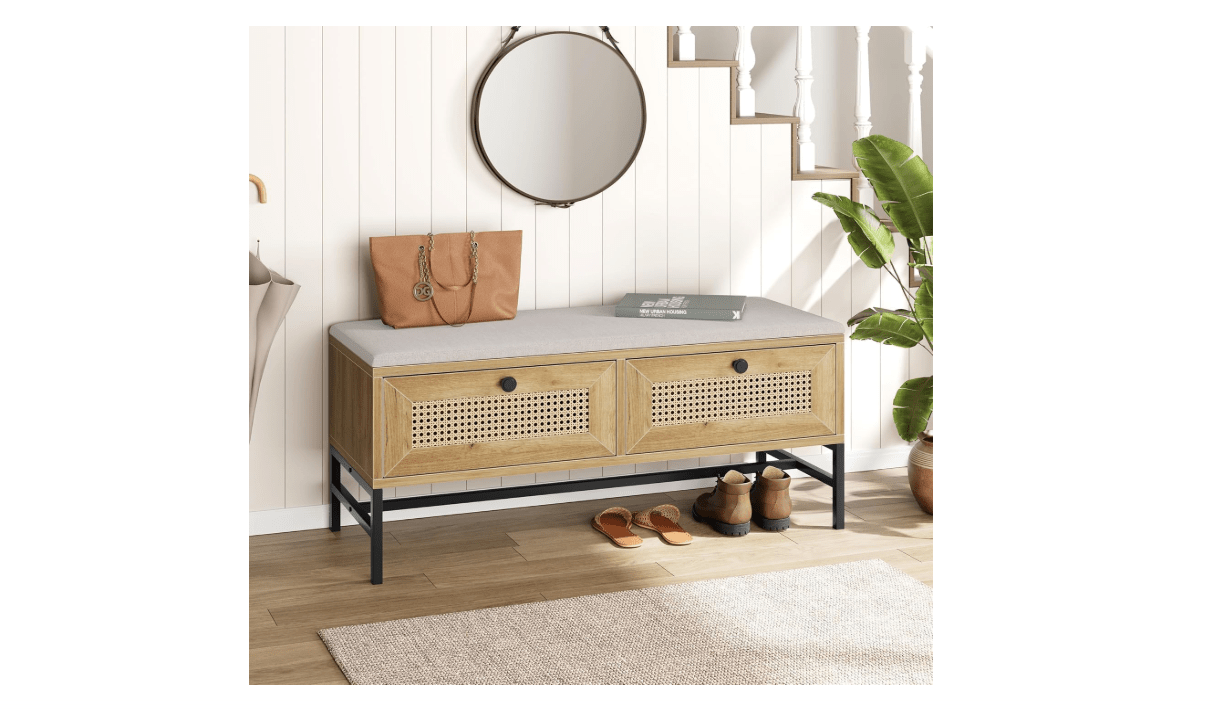 ElfinAura Rattan Shoe Bench, Wooden Entryway Bench with Linen Seat Cushion, Shoe Bench with Storage Drawers for Entryway, Entrance, Hallway, Living Room