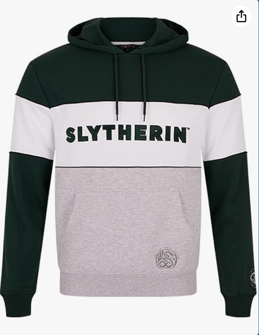 Harry Potter Slytherin Hoodie - Hogwarts House Sweatshirt with Crest & Pocket - White, Grey & Green - Unisex Adult
