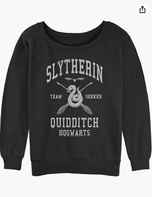 Harry Potter Women's Deathly Hallows Slytherin Quidditch Seeker Junior's Raglan Pullover with Coverstitch

