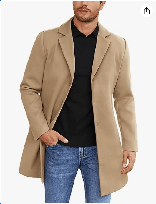 COOFANDY Mens Wool Blend Coat Winter Trench Coats Notched Lapel Collar Single Breasted Overcoat Classic Peacoat With Pockets
