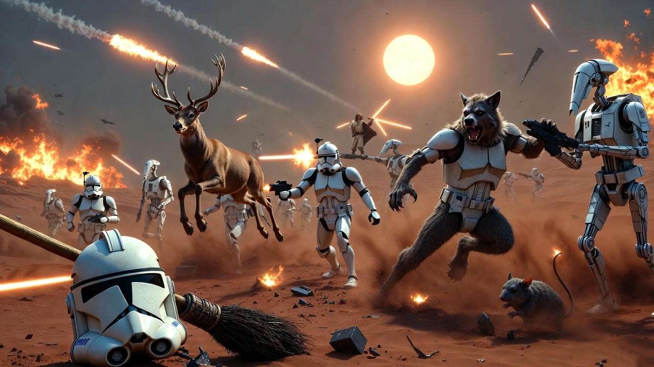 Marauders crashing into Star Wars Clone Wars battle with Anakin and Obi-Wan in Harry Potter crossover fan scenario.