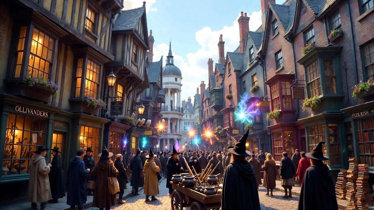 Bustling Diagon Alley shopping scene with Hogwarts supplies for first-year wizards.