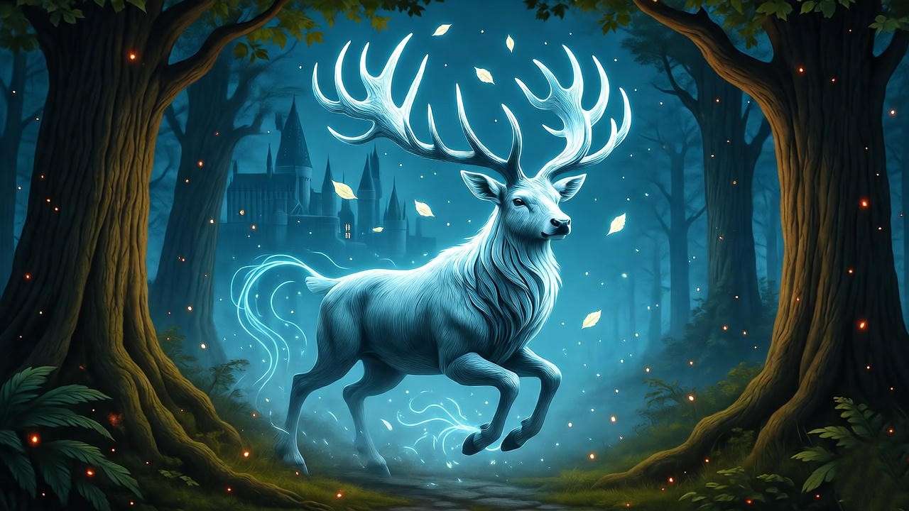 Silver stag Patronus charging through Forbidden Forest, symbolizing Harry Potter bravery and legacy.