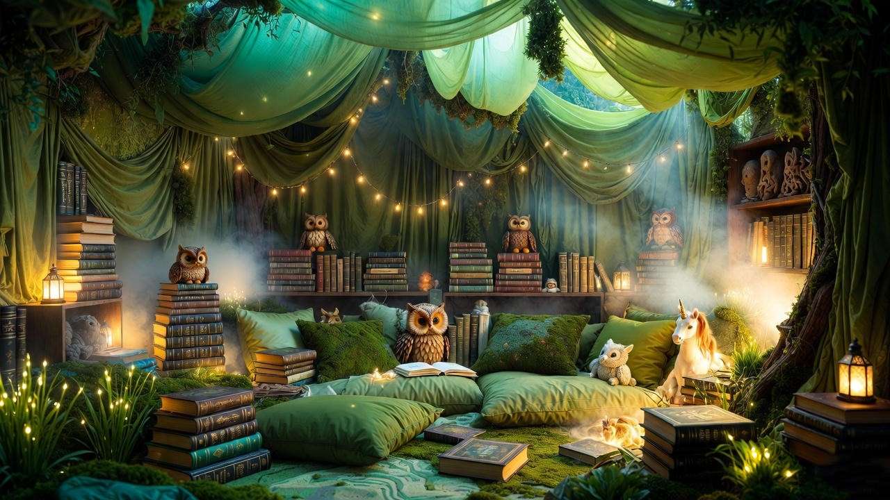 Forbidden Forest reading nook in Harry Potter themed classroom
