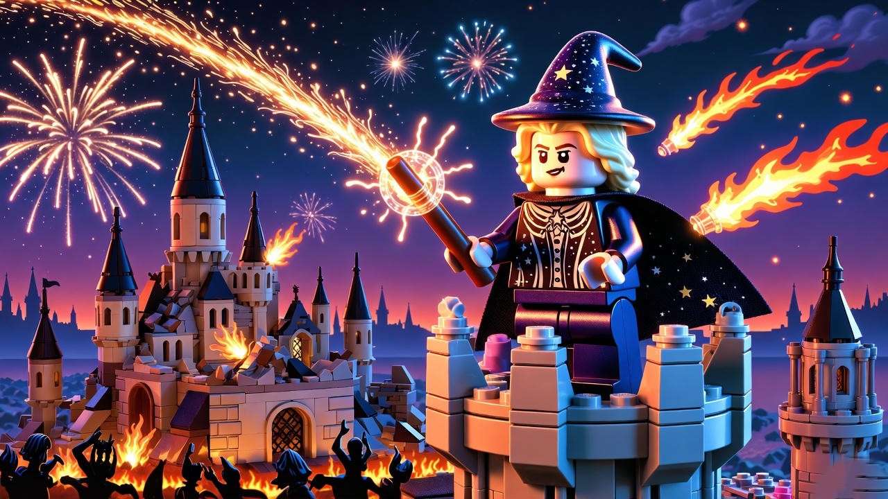 LEGO Harry Potter illustration of Professor Sinistra fighting in Battle of Hogwarts for astronomy teacher in games and films.