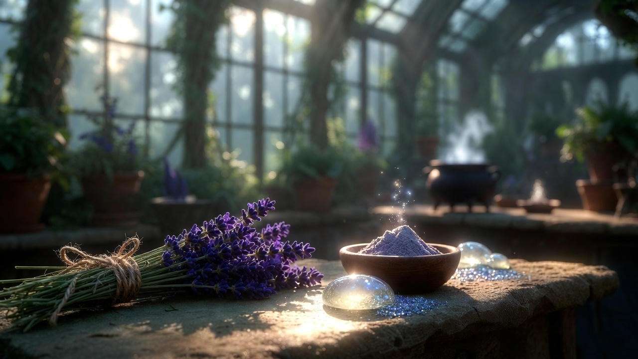 Magical ingredients for Harry Potter sleepy potion including lavender, valerian root, and moonstone on apothecary table.
